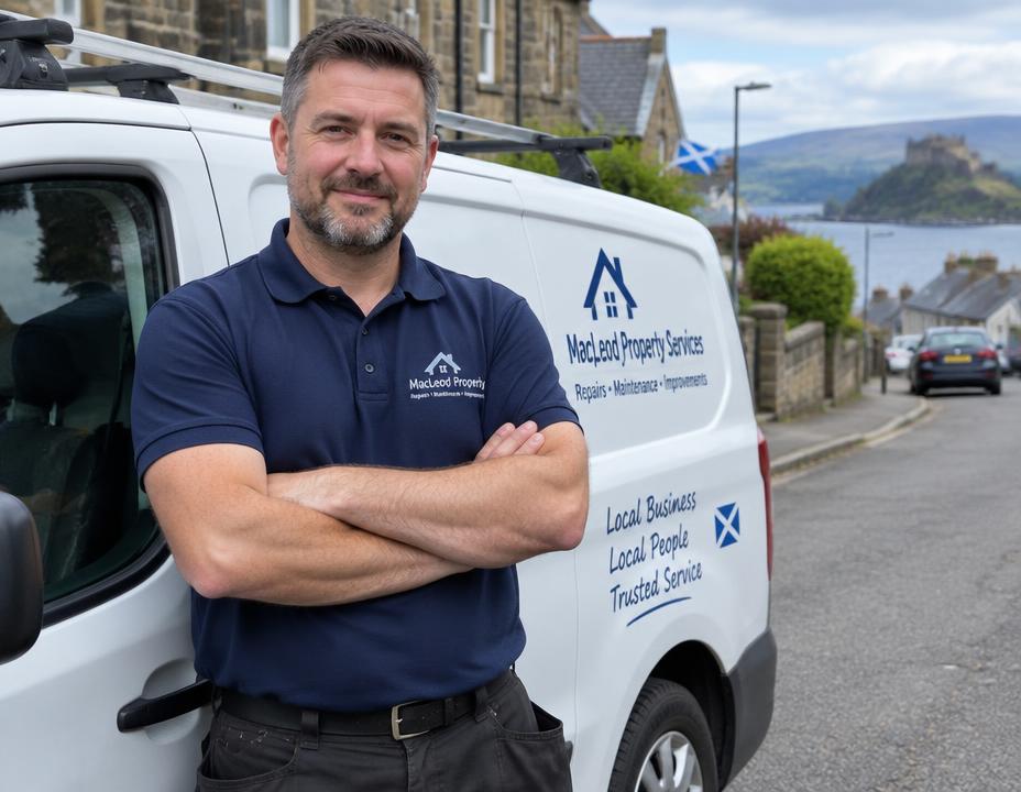 Owner-operator standing beside his work van
